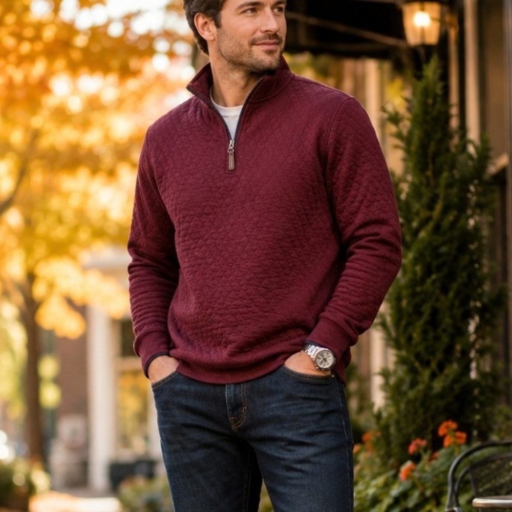 Lands End Mens Large Quilted Quarter Zip Pullover Burgundy Maroon Mock Neck L